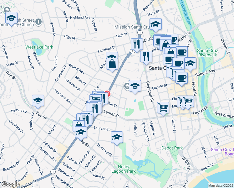 map of restaurants, bars, coffee shops, grocery stores, and more near 911 Mission Street in Santa Cruz