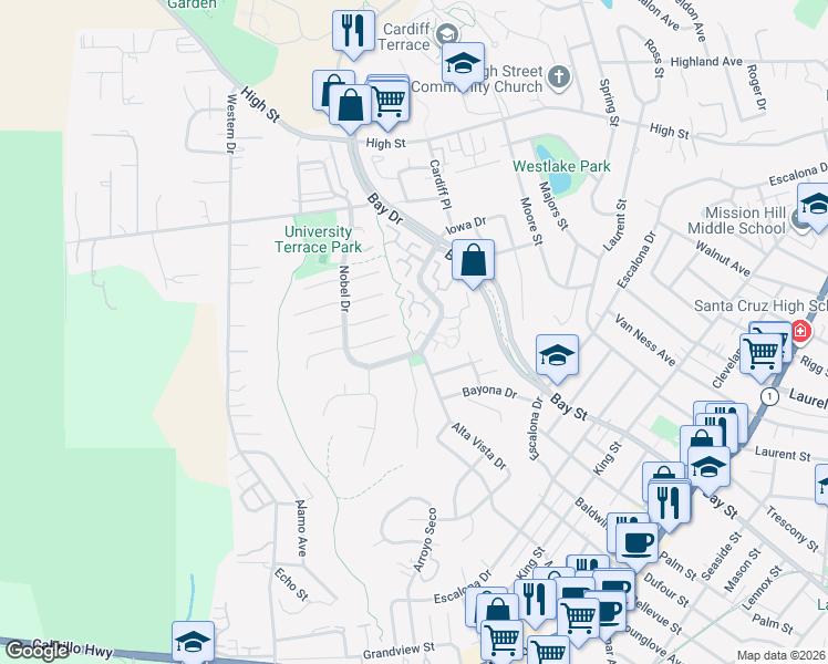 map of restaurants, bars, coffee shops, grocery stores, and more near 100 Seaborg Place in Santa Cruz