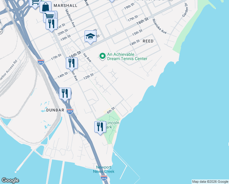 map of restaurants, bars, coffee shops, grocery stores, and more near 650 Ivy Avenue in Newport News