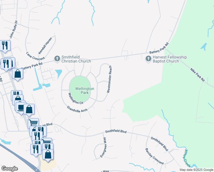 map of restaurants, bars, coffee shops, grocery stores, and more near 621 Westminster Reach in Smithfield