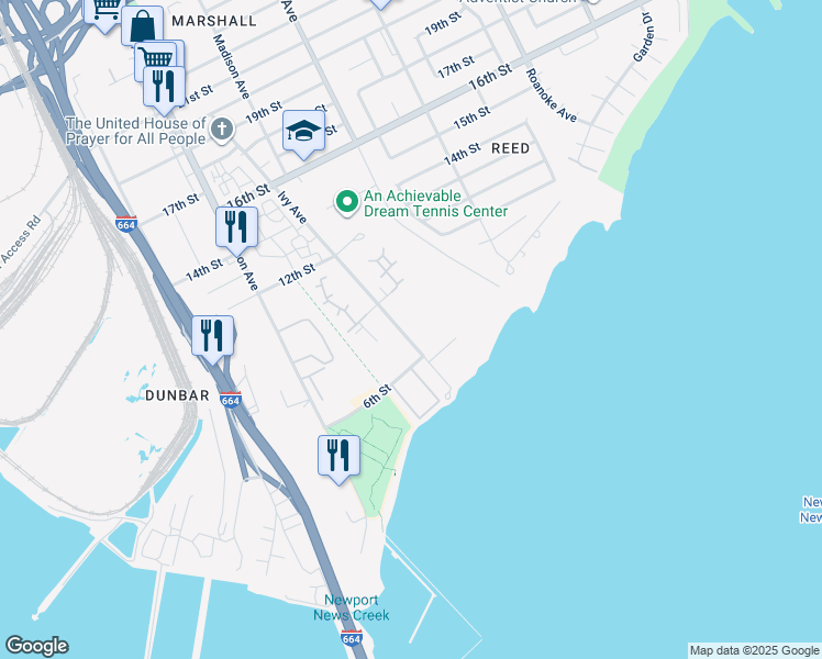 map of restaurants, bars, coffee shops, grocery stores, and more near 650 Ivy Avenue in Newport News