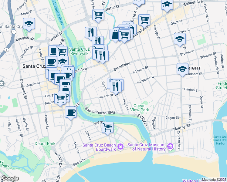 map of restaurants, bars, coffee shops, grocery stores, and more near 315 Ocean Street in Santa Cruz
