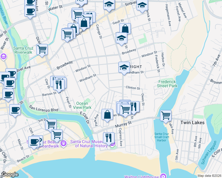 map of restaurants, bars, coffee shops, grocery stores, and more near 138 Pine Street in Santa Cruz