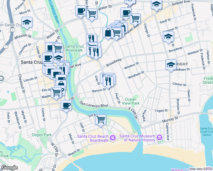 map of restaurants, bars, coffee shops, grocery stores, and more near 311 Ocean Street in Santa Cruz
