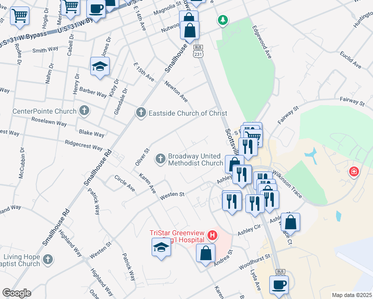 map of restaurants, bars, coffee shops, grocery stores, and more near Benson Avenue in Bowling Green