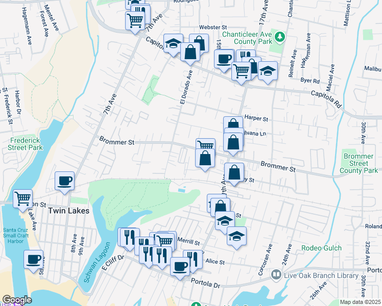 map of restaurants, bars, coffee shops, grocery stores, and more near 1335 Brommer Street in Santa Cruz
