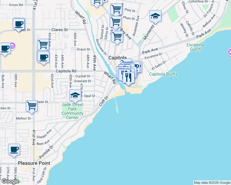 map of restaurants, bars, coffee shops, grocery stores, and more near 1500 Wharf Road in Capitola