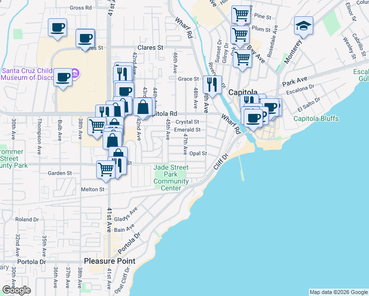 map of restaurants, bars, coffee shops, grocery stores, and more near 1435 47th Avenue in Capitola