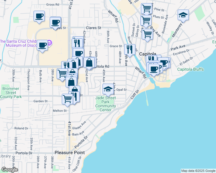map of restaurants, bars, coffee shops, grocery stores, and more near 4570 Jewel Street in Capitola