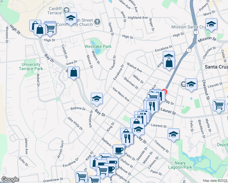 map of restaurants, bars, coffee shops, grocery stores, and more near 511 Van Ness Avenue in Santa Cruz