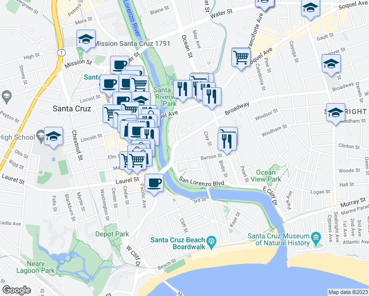 map of restaurants, bars, coffee shops, grocery stores, and more near 728 Riverside Avenue in Santa Cruz