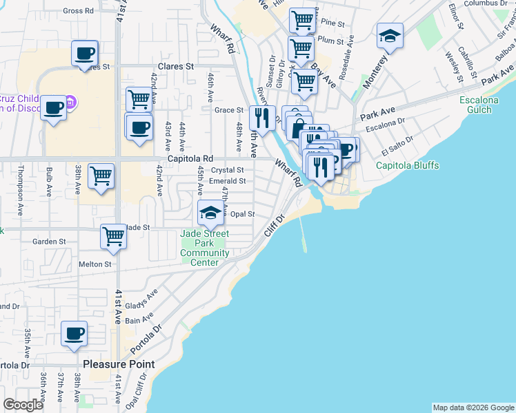 map of restaurants, bars, coffee shops, grocery stores, and more near 4960 Garnet Street in Capitola