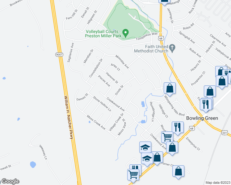 map of restaurants, bars, coffee shops, grocery stores, and more near 2627 Oriole Street in Bowling Green