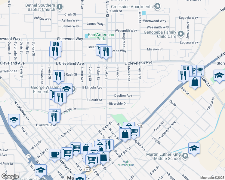 map of restaurants, bars, coffee shops, grocery stores, and more near 913 East Lincoln Avenue in Madera