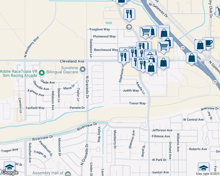 map of restaurants, bars, coffee shops, grocery stores, and more near 2455 Frederick Court in Madera