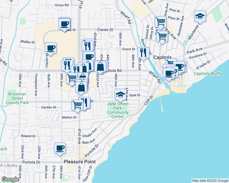 map of restaurants, bars, coffee shops, grocery stores, and more near 4390 Diamond Street in Capitola