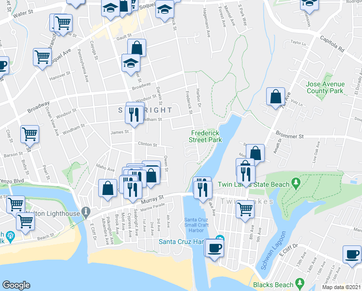 map of restaurants, bars, coffee shops, grocery stores, and more near 179 Frederick Street in Santa Cruz