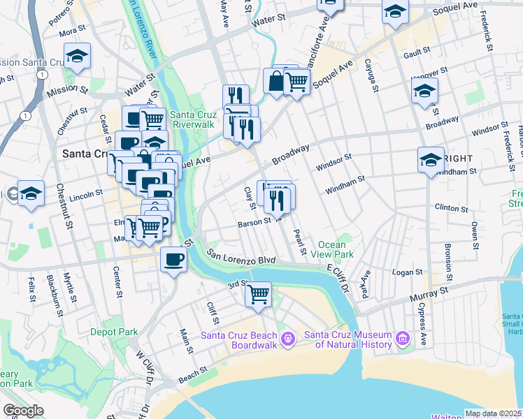 map of restaurants, bars, coffee shops, grocery stores, and more near 137 Clay Street in Santa Cruz