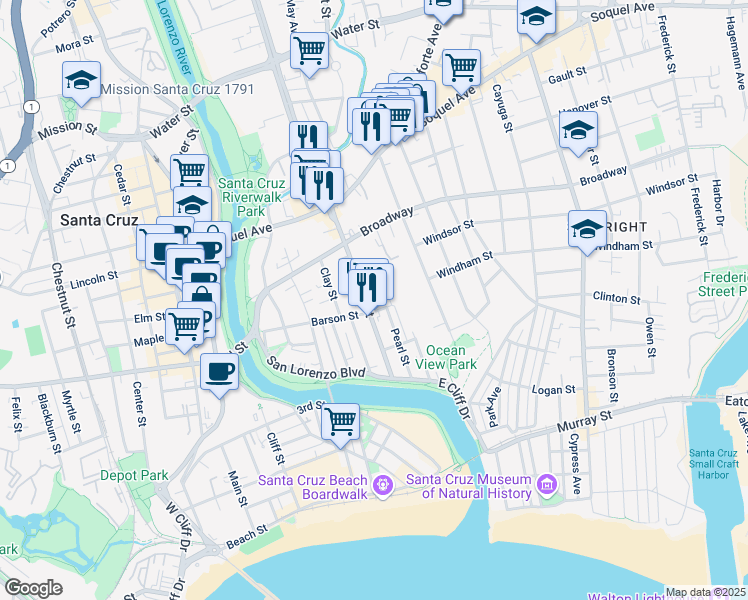 map of restaurants, bars, coffee shops, grocery stores, and more near 330 Ocean Street in Santa Cruz