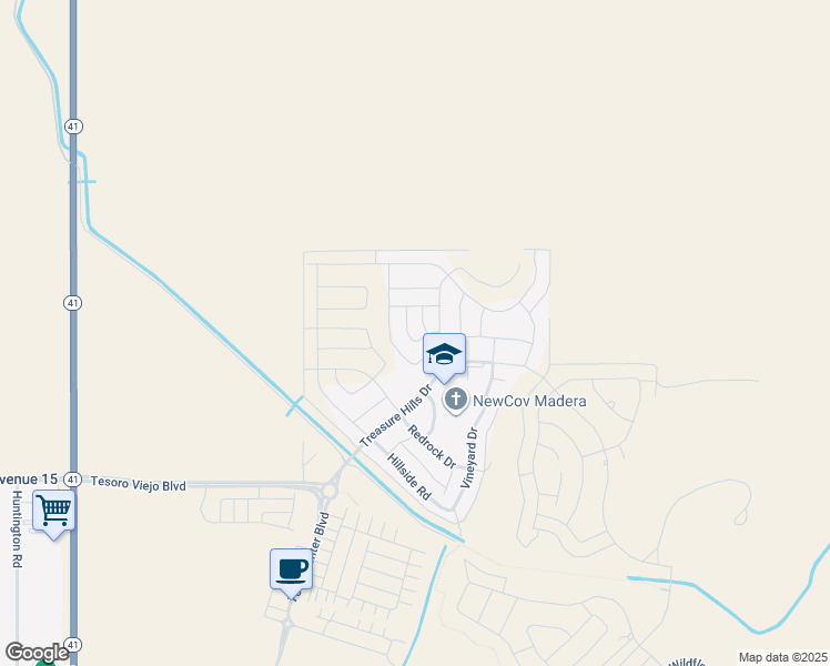 map of restaurants, bars, coffee shops, grocery stores, and more near 4679 Twin Oaks Rd in Madera