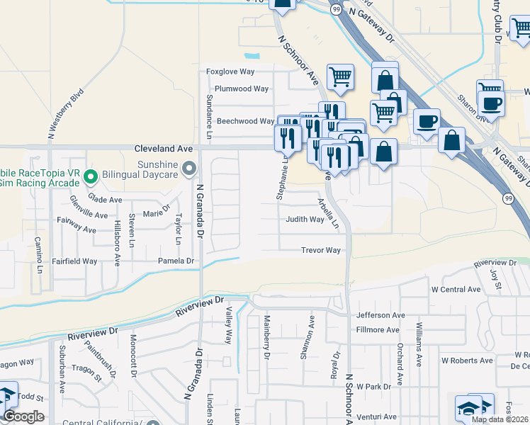 map of restaurants, bars, coffee shops, grocery stores, and more near 2431 Judith Court in Madera