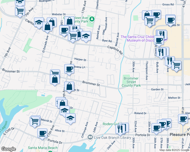 map of restaurants, bars, coffee shops, grocery stores, and more near 2255 Venice Drive in Santa Cruz