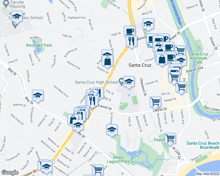 map of restaurants, bars, coffee shops, grocery stores, and more near 911 Mission Street in Santa Cruz
