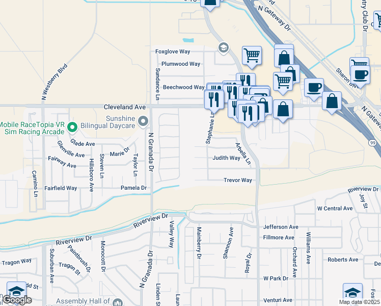 map of restaurants, bars, coffee shops, grocery stores, and more near 2455 Frederick Court in Madera