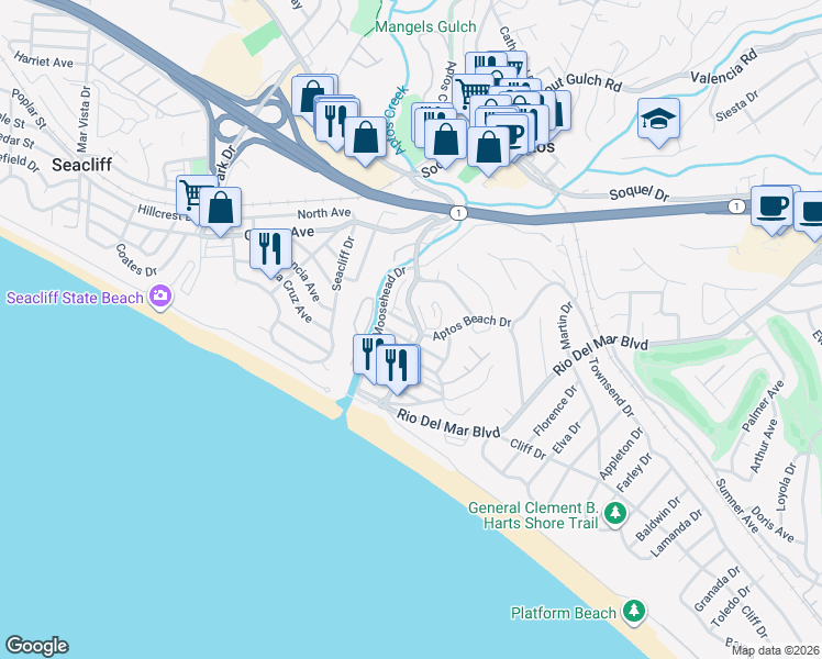 map of restaurants, bars, coffee shops, grocery stores, and more near 124 Winfield Way in Aptos