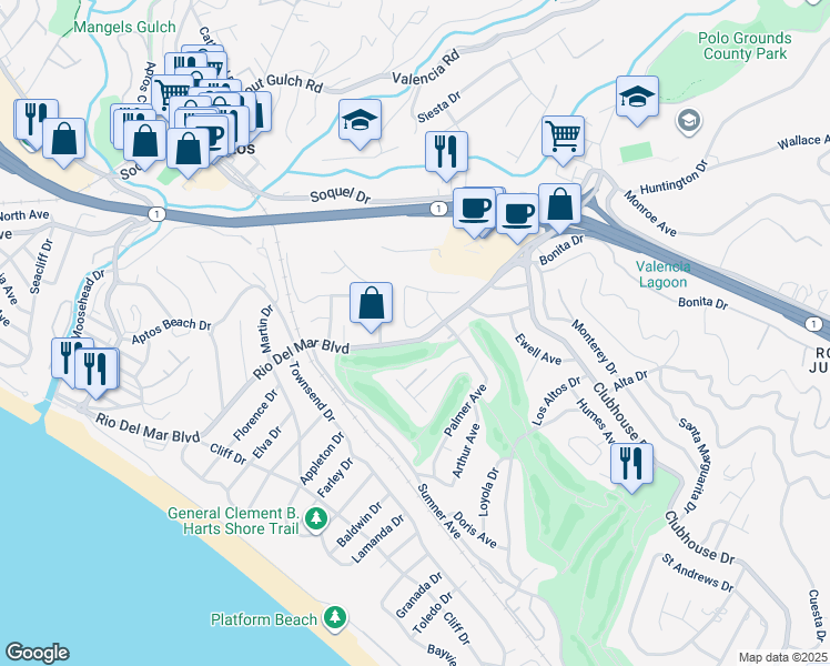 map of restaurants, bars, coffee shops, grocery stores, and more near 217 Augusta Lane in Aptos