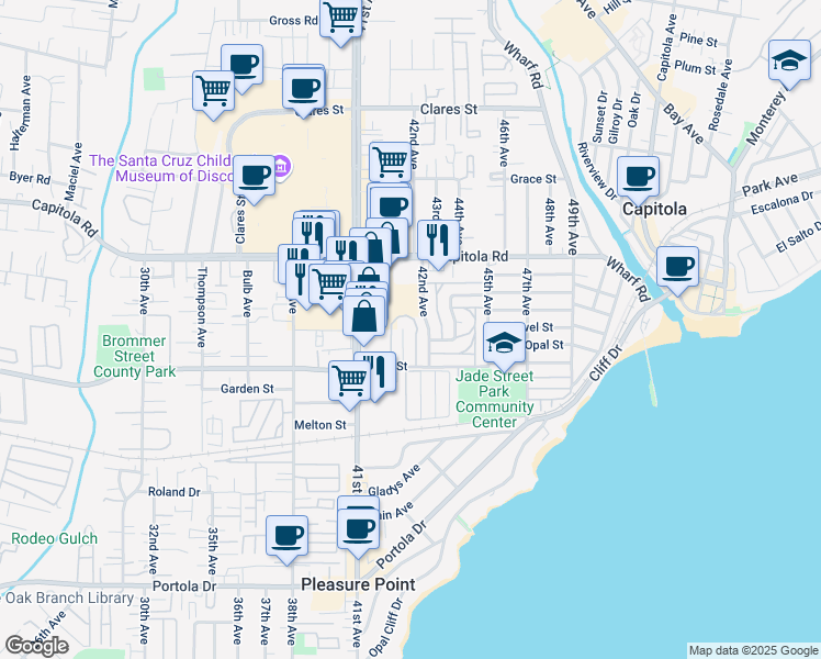 map of restaurants, bars, coffee shops, grocery stores, and more near 1420 Ruby Court in Capitola