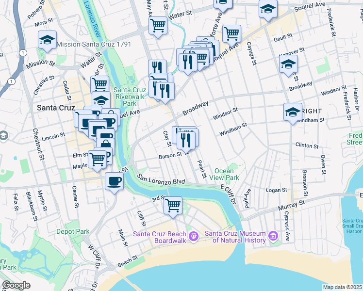 map of restaurants, bars, coffee shops, grocery stores, and more near 330 Ocean Street in Santa Cruz