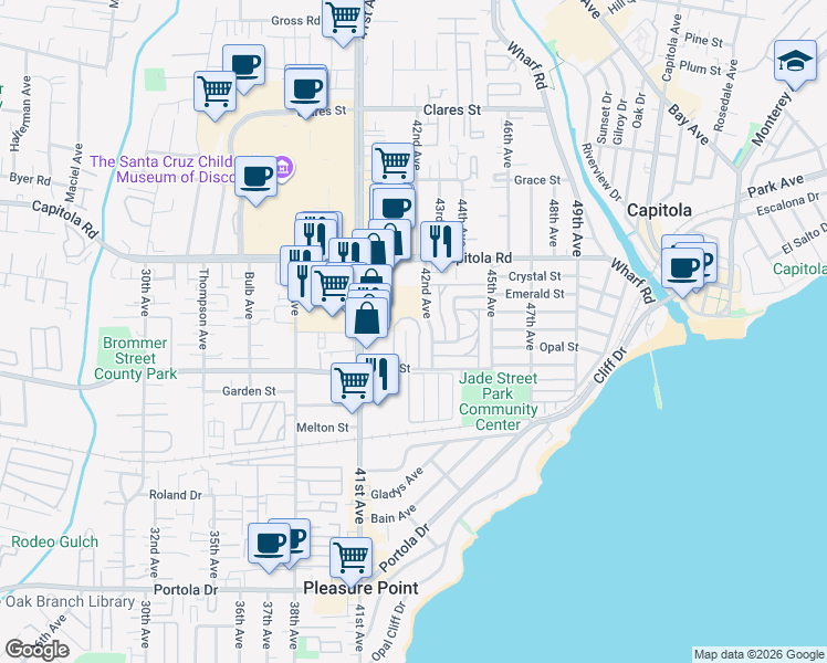 map of restaurants, bars, coffee shops, grocery stores, and more near 1420 Ruby Court in Capitola
