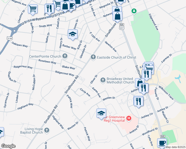 map of restaurants, bars, coffee shops, grocery stores, and more near 1808 Smallhouse Road in Bowling Green