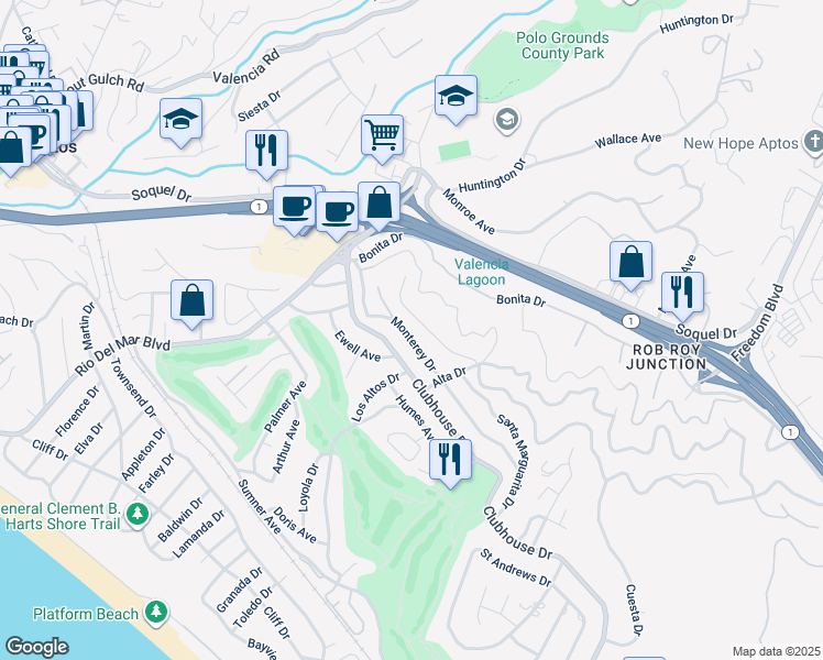 map of restaurants, bars, coffee shops, grocery stores, and more near 445 Monterey Drive in Aptos