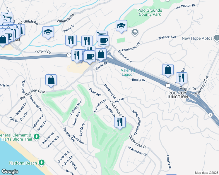 map of restaurants, bars, coffee shops, grocery stores, and more near 445 Monterey Drive in Aptos