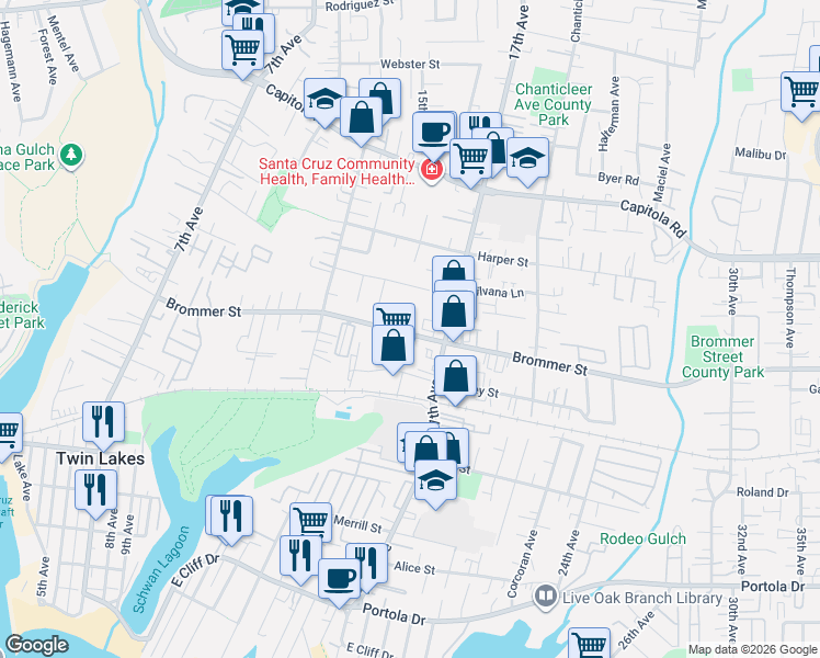 map of restaurants, bars, coffee shops, grocery stores, and more near 1314 Brommer Way in Santa Cruz