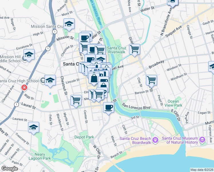 map of restaurants, bars, coffee shops, grocery stores, and more near 504 Front Street in Santa Cruz
