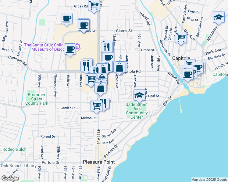 map of restaurants, bars, coffee shops, grocery stores, and more near 1420 Ruby Court in Capitola