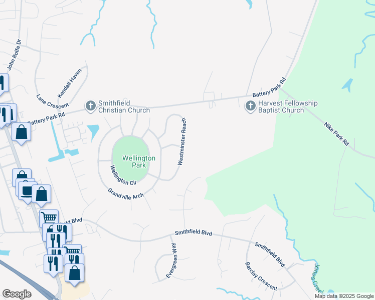 map of restaurants, bars, coffee shops, grocery stores, and more near 626 Westminster Reach in Smithfield