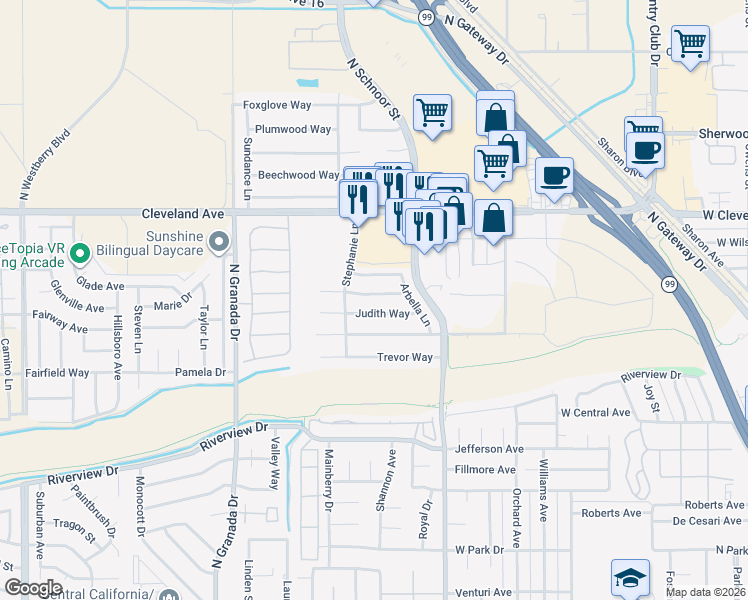 map of restaurants, bars, coffee shops, grocery stores, and more near 2329 Frederick Way in Madera