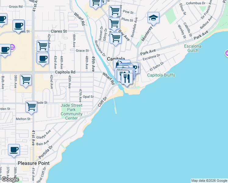 map of restaurants, bars, coffee shops, grocery stores, and more near 1500 Wharf Road in Capitola