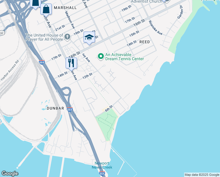 map of restaurants, bars, coffee shops, grocery stores, and more near 653 Ivy Avenue in Newport News