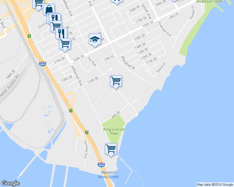 map of restaurants, bars, coffee shops, grocery stores, and more near 653 Ivy Avenue in Newport News