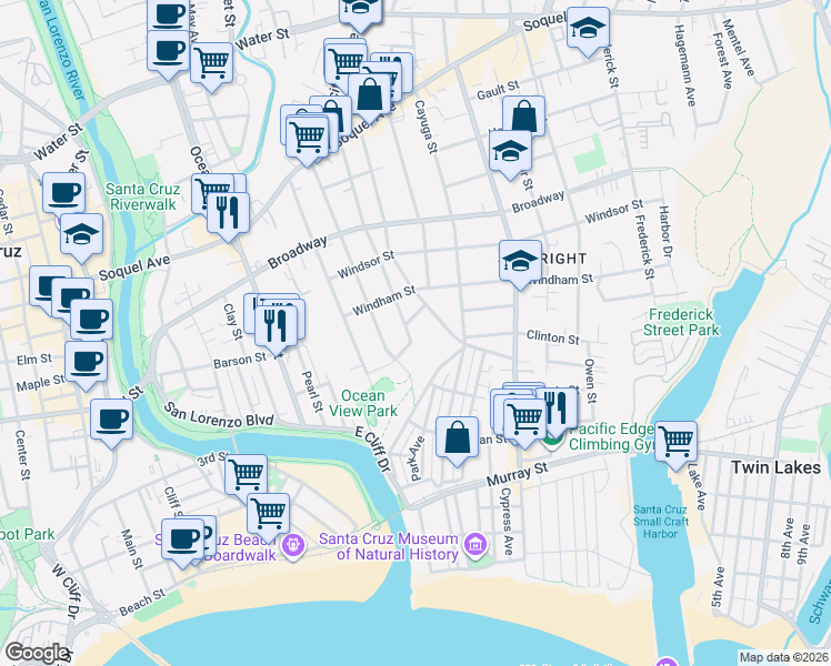 map of restaurants, bars, coffee shops, grocery stores, and more near 100 Caledonia Street in Santa Cruz