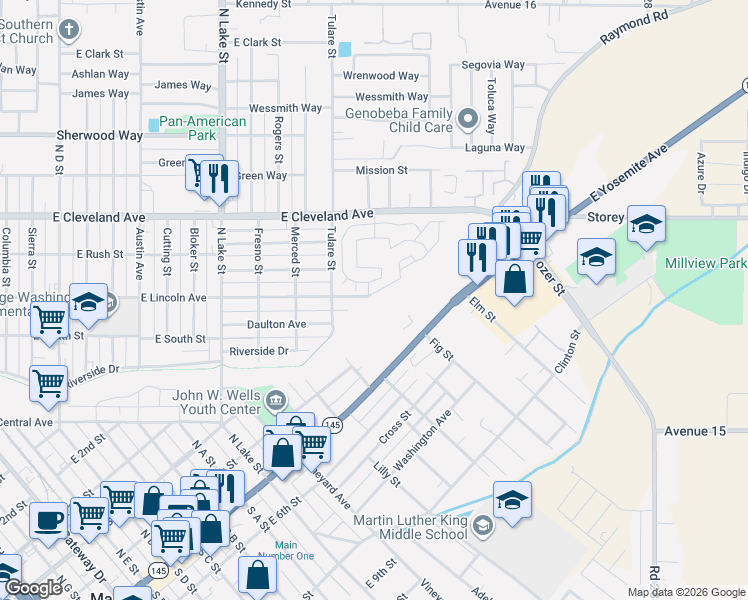 map of restaurants, bars, coffee shops, grocery stores, and more near 1224 East Lincoln Avenue in Madera