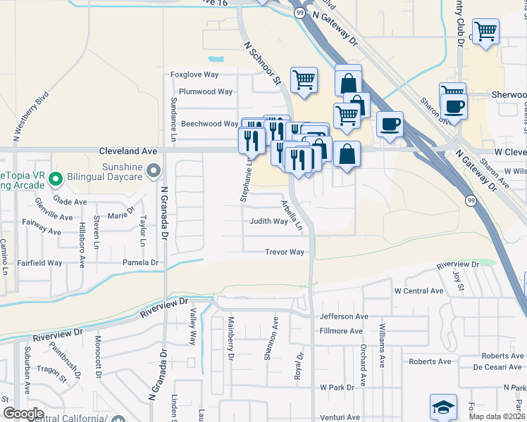 map of restaurants, bars, coffee shops, grocery stores, and more near 2329 Frederick Way in Madera