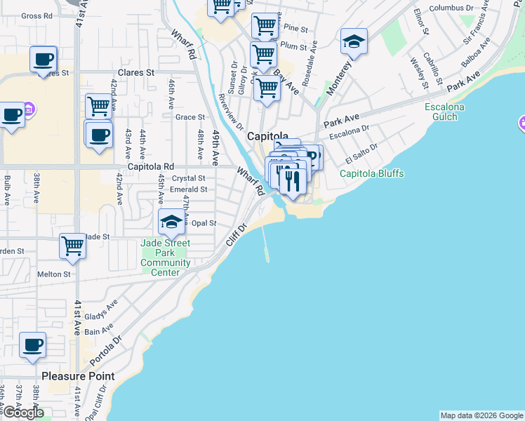 map of restaurants, bars, coffee shops, grocery stores, and more near 1500 Wharf Road in Capitola