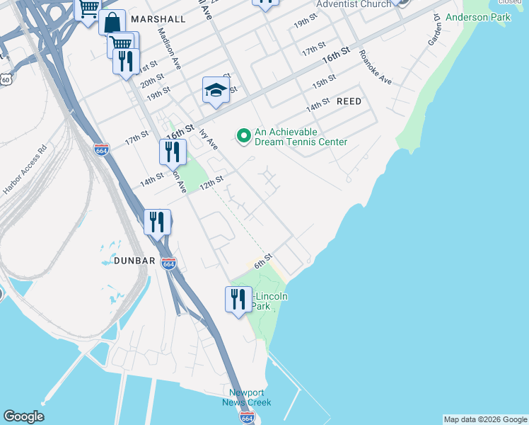 map of restaurants, bars, coffee shops, grocery stores, and more near 911 Ivy Avenue in Newport News