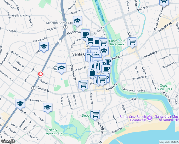 map of restaurants, bars, coffee shops, grocery stores, and more near 543 Center Street in Santa Cruz